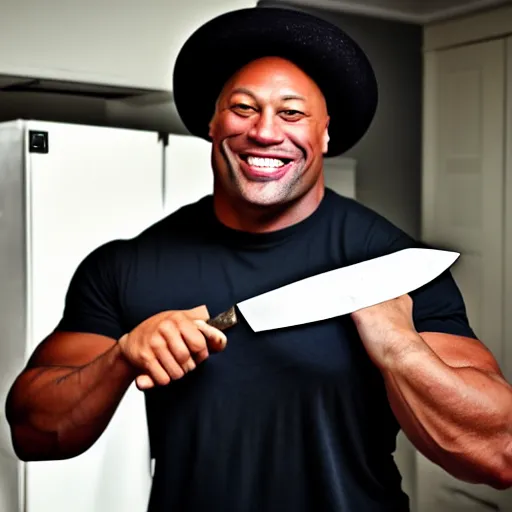 Prompt: Dwaye the rock johnson smiling with a knife in his hand