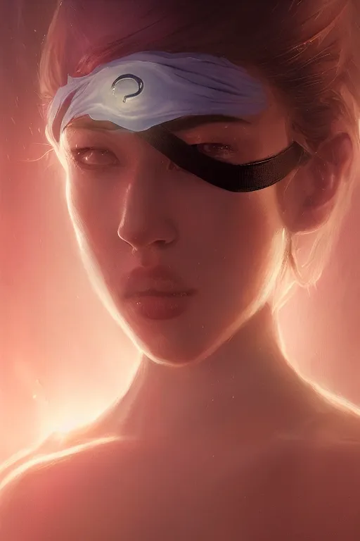 Image similar to a fancy portrait of an attractive alien women with a blindfold on by Greg Rutkowski, Sung Choi, Mitchell Mohrhauser, Maciej Kuciara, Johnson Ting, Maxim Verehin, Peter Konig, final fantasy , 8k photorealistic, cinematic lighting, HD, high details, atmospheric , trending on artstation