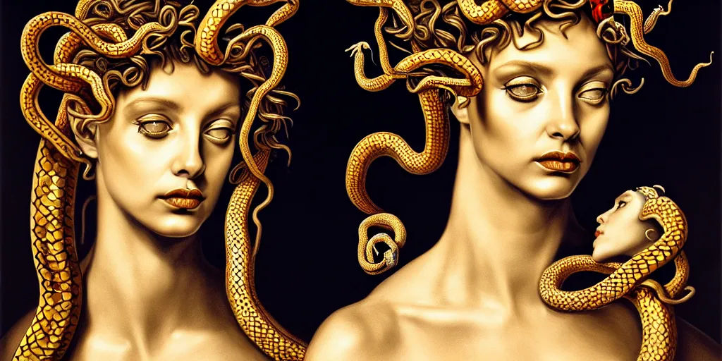 Prompt: realistic portrait of beautiful medusa with her snakes, golden, facing the camera, delicate, hyper realism, 1 4 5 0, ink, ultra realistic, 8 k