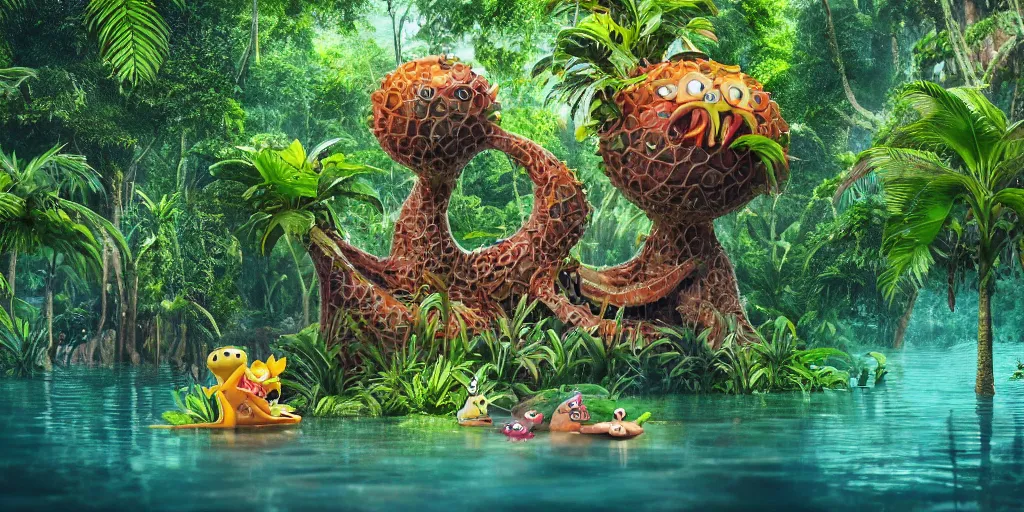 Image similar to of a tropical rainforest lake with strange cute friendly happy creatures with huge eyes, mouth, long tongue, round teeth and goofy face, appearing from the water, in the style of gehry and gaudi, macro lens, shallow depth of field, ultra detailed, digital painting, trending artstation, concept art, illustration, cinematic lighting, photorealism, epic, octane render