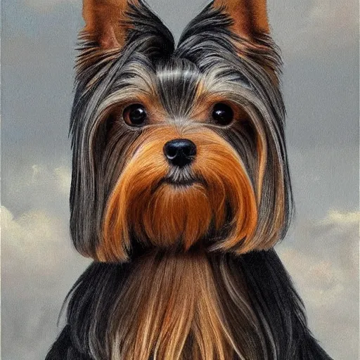Image similar to professional painting of a Yorkshire Terrier in the style of Dino Valls, head and shoulders portrait, symmetrical facial features, smooth, sharp focus, illustration, intricate, stormy weather, extremely detailed masterpiece,