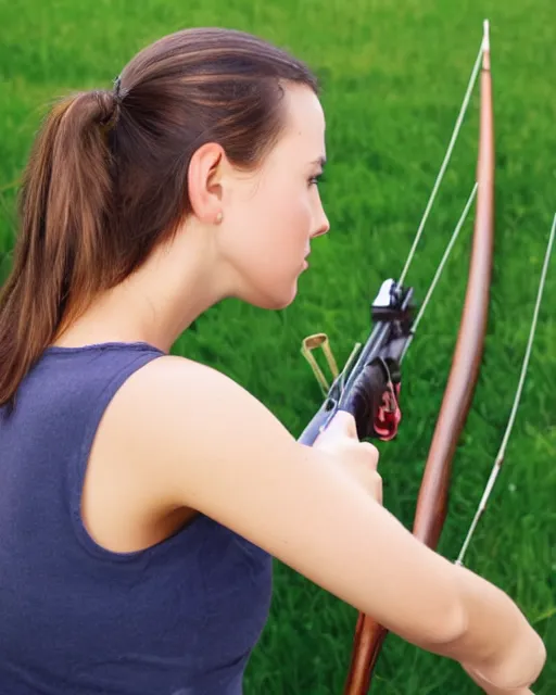 Image similar to young woman arrow shooting, low angle view