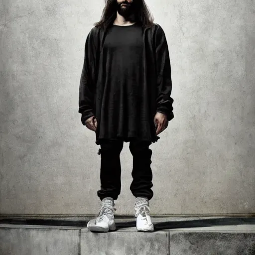 Image similar to a full body lookbook portrait of modern - day jesus wearing grey yeezy and fear of god menswear collection by nicola samori, detailed, oil painting, hyper - realistic, 8 k, yeezy collection