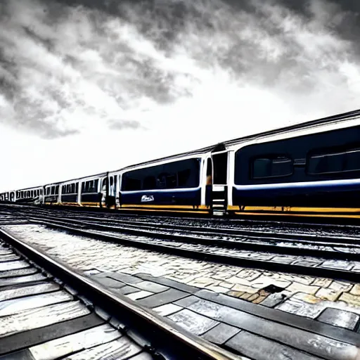 Image similar to train on sky flying through rails made out of clouds