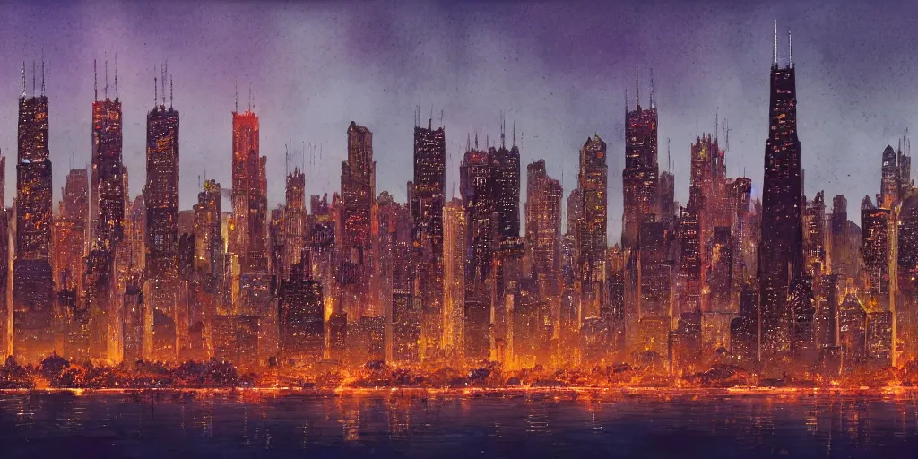 Prompt: cartoonish chicago city skyline in the night, vivid colors, character sheet, fine details, concept design, contrast, kim jung gi, greg rutkowski, watercolor, trending on artstation, 8 k, full body, turnaround, front view, back view, ultra wide angle