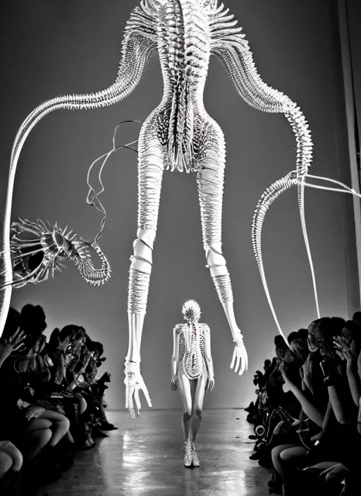 Image similar to walking down the catwalk, steven klein, show, stage, vogue photo, podium, fashion show photo, historical baroque dress, iris van herpen, beautiful woman, full body shot, masterpiece, inflateble shapes, alien, plant predator, guyver, jellyfish, wires, veins, white biomechanical details, wearing epic bionic cyborg implants, highly detailed