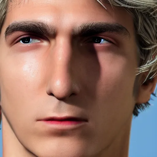 Image similar to a closeup shot of handsome xqc, gigachad, strong jawline, photorealism, 8k