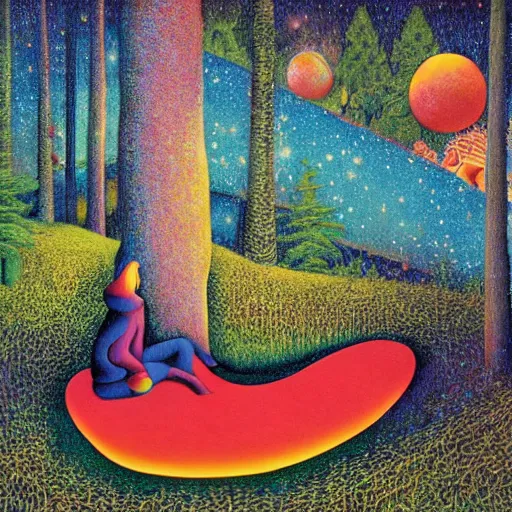 Image similar to psychedelic couch sofa in the pine forest, guitar, milky way, designed by moebius, rob gonsalves, gustav dore, giuseppe arcimboldo and carl barks, louis wain, trending on artstation, canada, star, sharp focus, colorful refracted sparkles and lines, soft light, 8 k 4 k