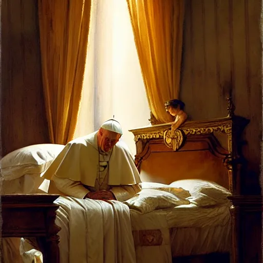 Image similar to the pope wakes up is his bed, sweating, nervous, terrified, because a double horned shadow demon lurks in the curtains of the papal bedroom. highly detailed painting by gaston bussiere, j. c. leyendecker, greg rutkowski, craig mullins 8 k