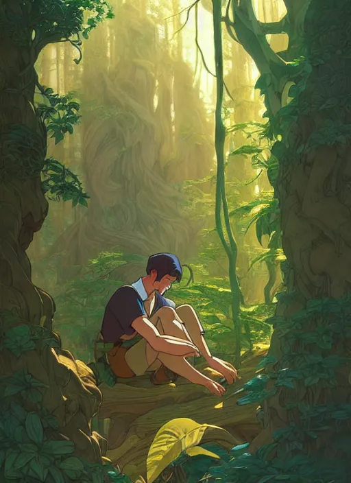 Image similar to book cover design, man in a forest, natural lighting, path traced, highly detailed, high quality, cartoon, digital painting, by don bluth and ross tran and studio ghibli and alphonse mucha