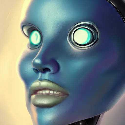 Prompt: woman bot like zima blue, digital oil painting, cinematic lighting, full body, scifi parts, trending artstation, sci fi robot