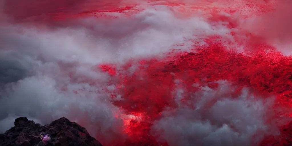 Image similar to a churning, boiling red sea with lots of smoky black and red steam, fantasy digital art, octane render, beautiful composition, trending on artstation, award-winning photograph, masterpiece