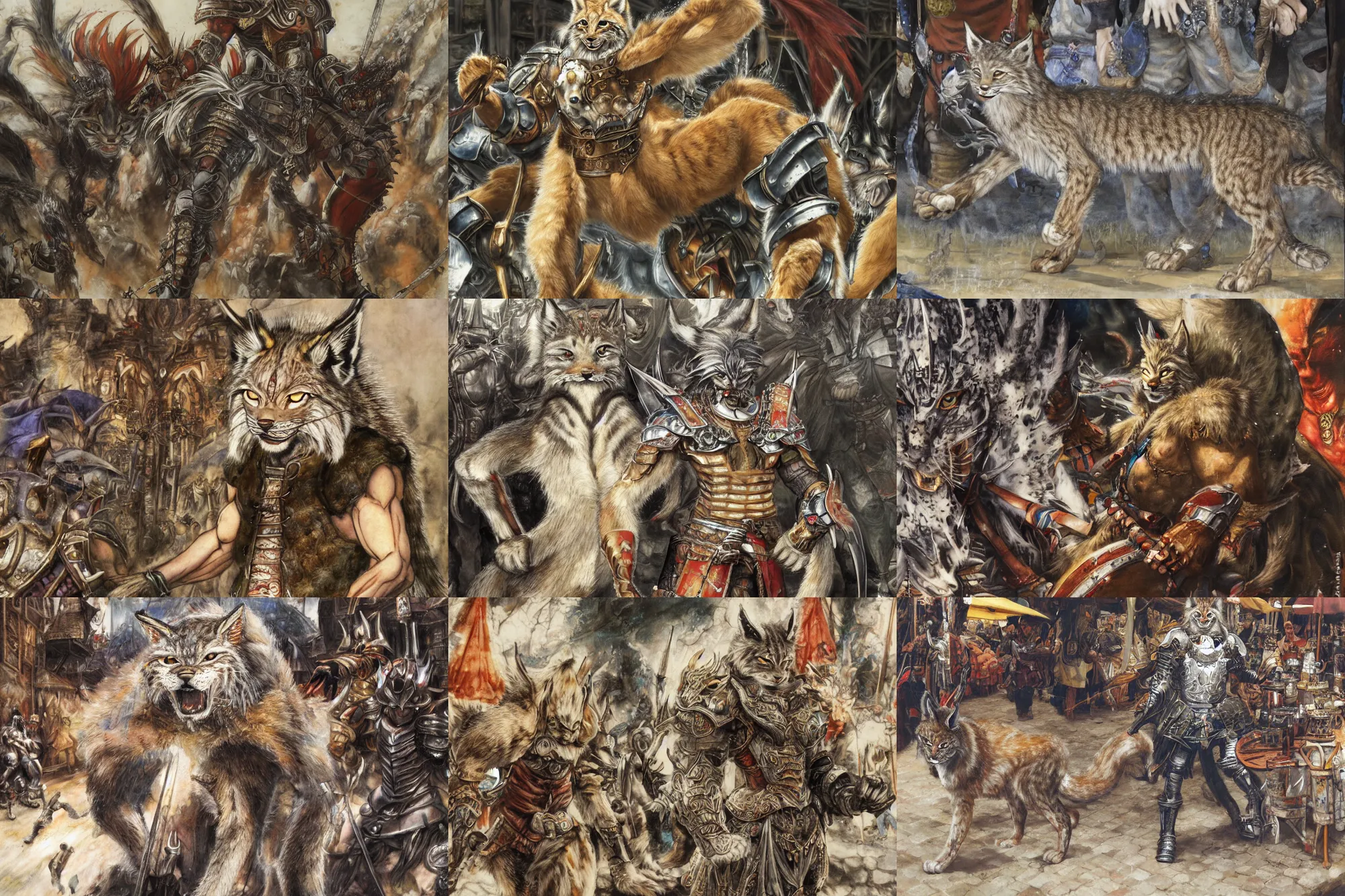 Image similar to 8k Yoshitaka Amano painting of upper body of a young cool looking lynx beast-man with white mane at a medieval market at windy day. Depth of field. He is wearing complex fantasy armors. He has huge paws. Renaissance style lighting.