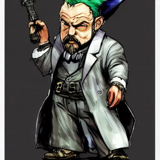 Image similar to Gnome Alchemist dressed like a mobster, drawn by Yoji Shinkawa, water color, Dungeons and Dragons, Wizards of the Coast