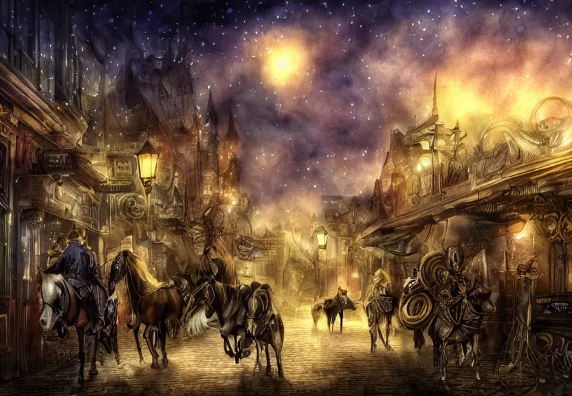 Image similar to horses riding through a steampunk city at night under a dark starred sky, dark fantasy, digital art, watercolor, high detail, dreaming illusion