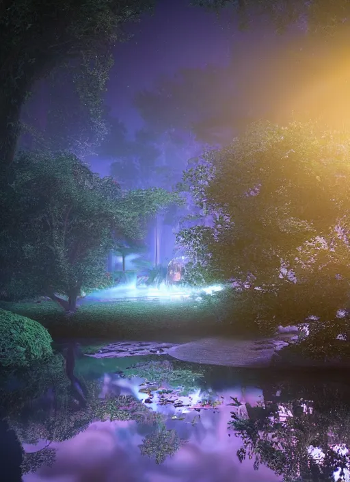 Image similar to photography at night of an ethereal pond with a central sunlight glare, mystical, cyber lights, masterpiece, epic, cinematic, hyperealistic, high detailed, corona render, hdr, ray tracing