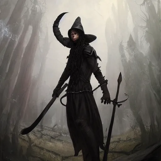 Prompt: A spindly young man in a witch’s hat and black clothing steps out of the shadows with a spear in his hand, DnD character art portrait, matte fantasy painting, Deviant Art, Artstation, by Jason Felix, by Steve Argyle, by Tyler Jacobson, by Peter Mohrbacher, cinema.