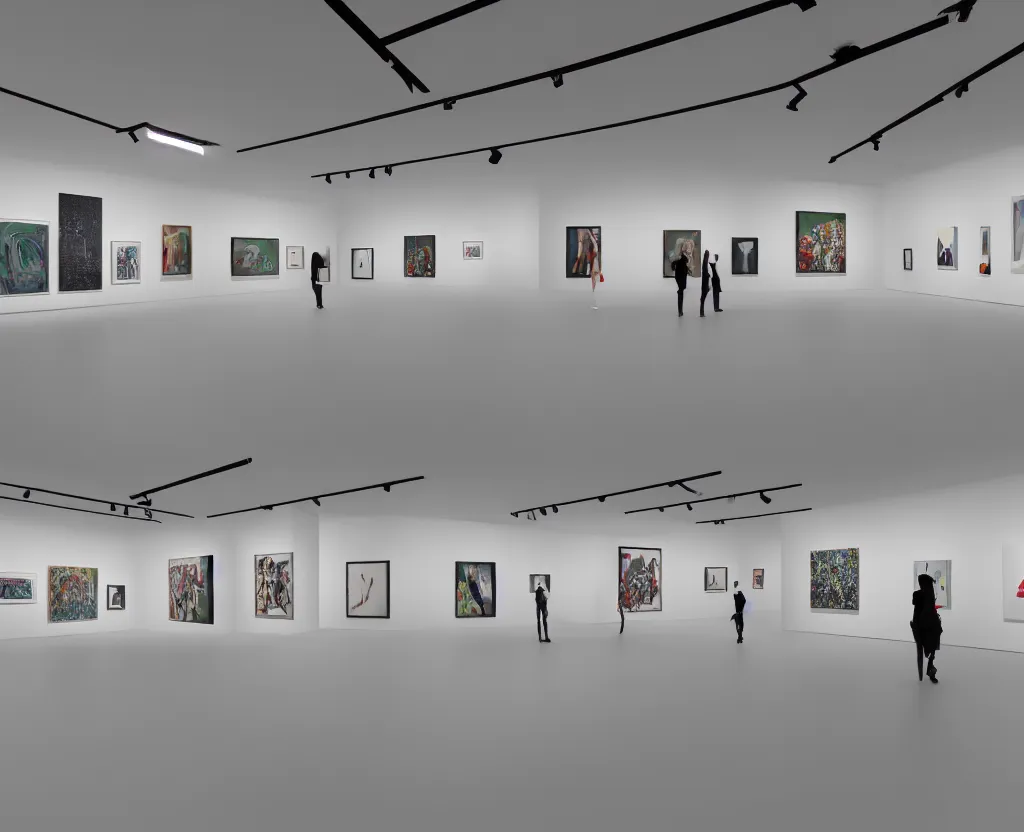 Image similar to 3 d rendering of a hyper modern art gallery with white walls, 5 0 mm canon lens, hyper detailed, soft bright light, unreal engine 5, 4 k, trending on artstation