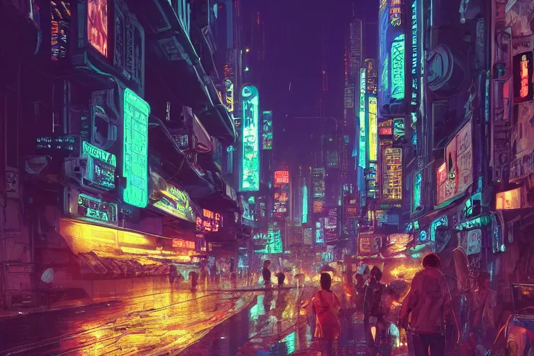 Image similar to bustling neon cyberpunk street, nighttime!!, illustrated by ricardo bofill, greg rutkowski, and amano yoshitaka, trending on artstation, golden ratio!!!, centered!!!, unsplash!!!!, cgsociety contest winner, zbrush!!!, 4 k, 8 k