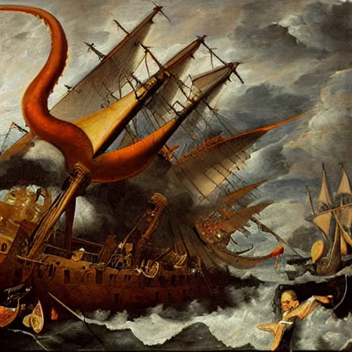 Image similar to A giant squid destroying a cruise ship in the middle of the ocean, oil painting by Jan Steen