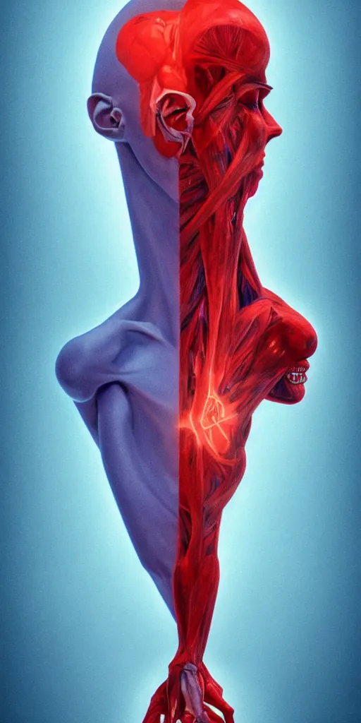 Image similar to poster design, full body anatomical model, 3 d photographic render of a deconstructed asymmetric human anatomical correct human body, in hoc signo vinces, waterfall, in the style of leonora carrington, gottfried helnwein, intricate composition, blue light by caravaggio, insanely quality, highly detailed, masterpiece, red light, artstation