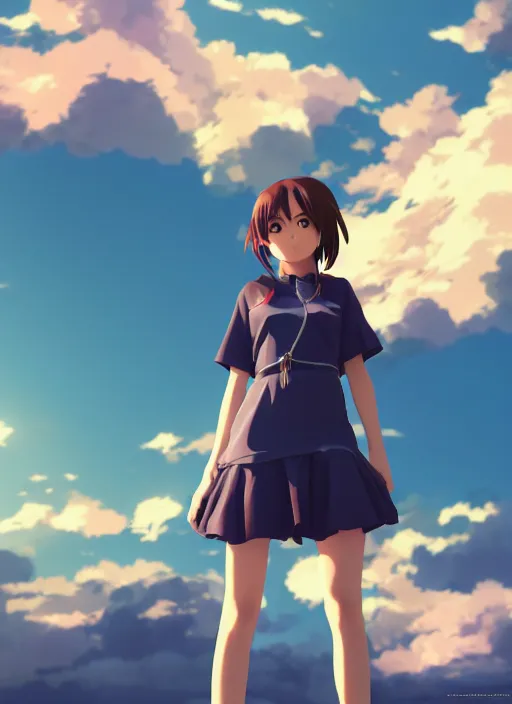 Image similar to A anime girl with a sky background, rendered by Makoto Shinkai, syd meade, environment concept, digital art, unreal engine, WLOP, trending on artstation, low level, 4K UHD image, octane render