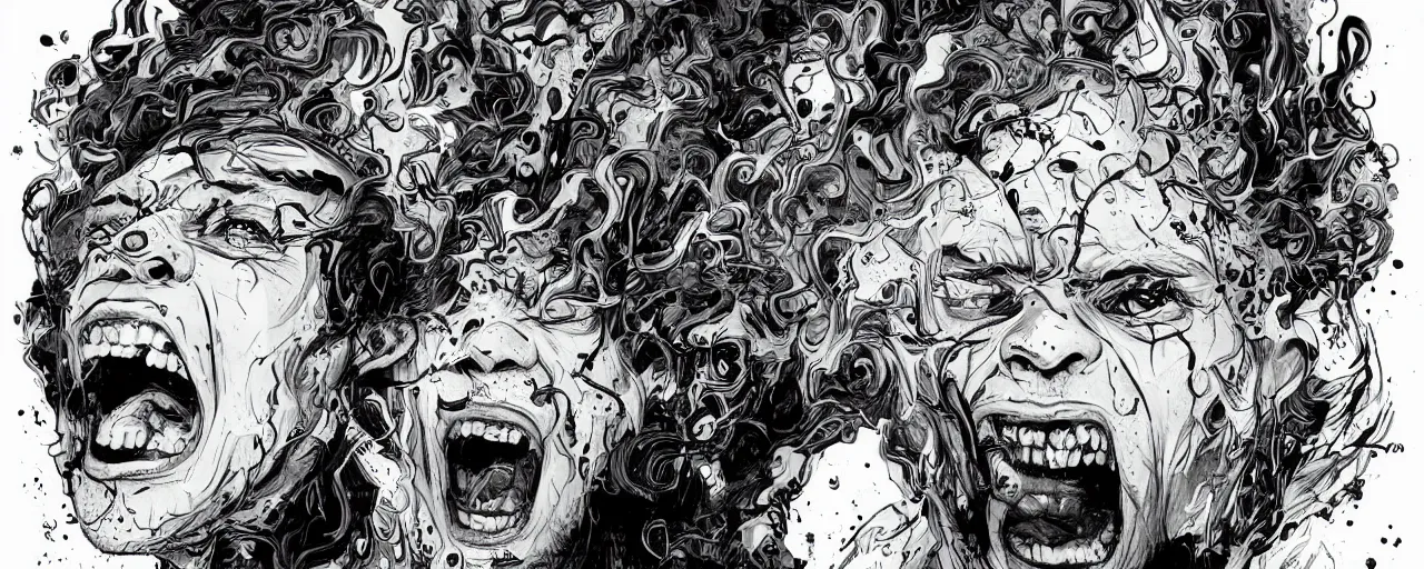 Image similar to portrait of a mad man screaming with ink bursting from the eyes, by josan gonzales, max prentis,