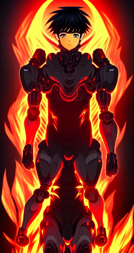 Image similar to a detailed manga full body portrait illustration of a dark haired cyborg anime man surrounded by fire, detailed artwork, realism, 4 k resolution, detailed, high quality, sharp focus, hq artwork, insane detail, volumetric lighting, character concept art, fine details, clear subject, central subject