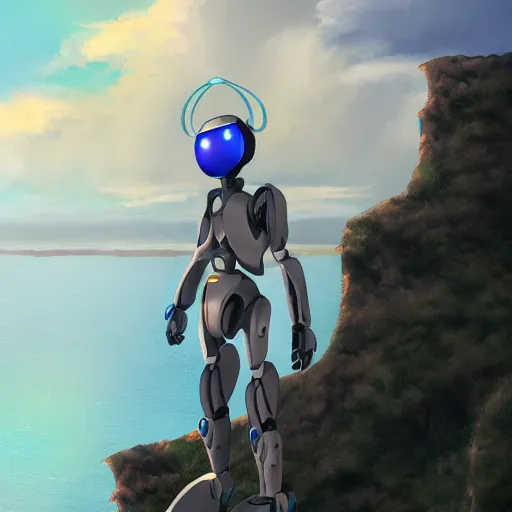 Prompt: ( anime!! humanoid robot ) ( standing on top of a large cliff ) overlooking the sea, anime!! artistic artstation