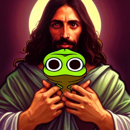 Image similar to jesus holds a pepe frog character, highly detailed, digital painting, artstation, concept art, wallpaper, smooth, sharp focus, illustration, art by and artgerm and greg rutkowski and alphonse mucha