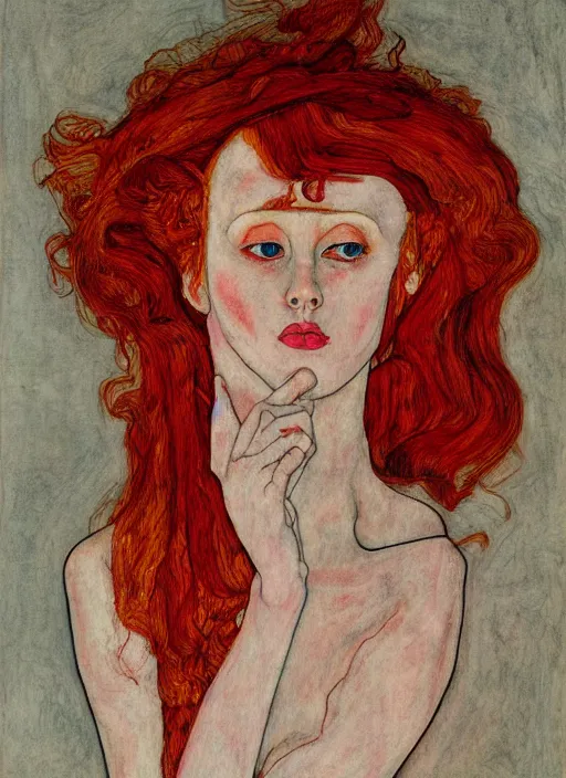 Image similar to dramatic ethereal full length illustration of a beautiful red hair woman in the art style of Egon Schiele, not realistic, sharp focus, 8k high definition, insanely detailed, intricate, elegant