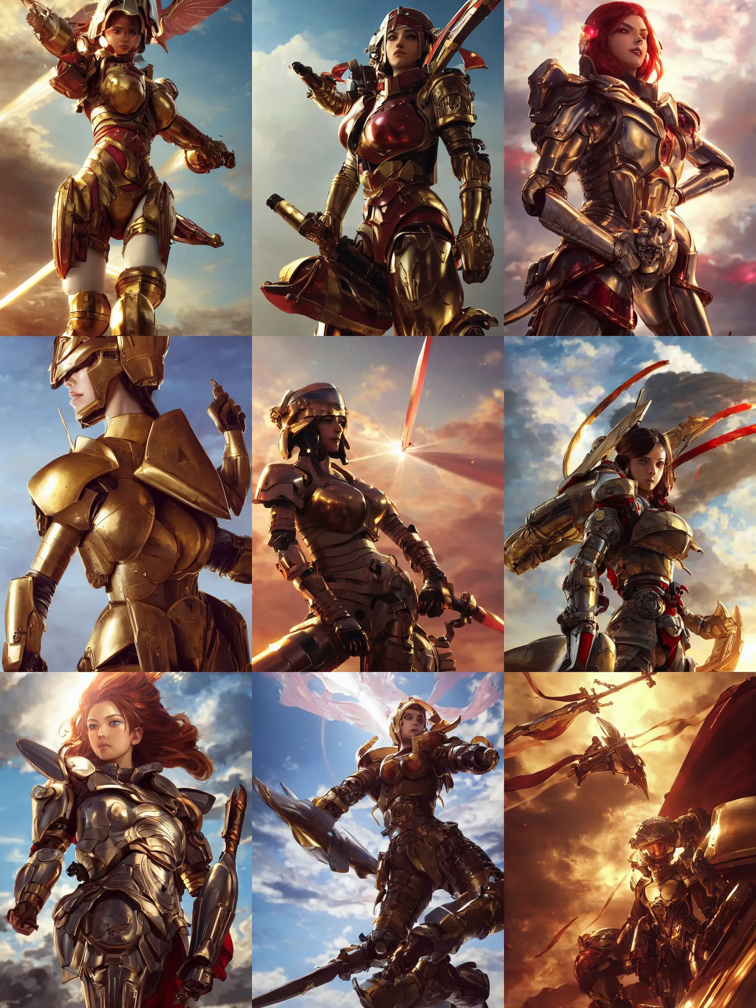 Prompt: picture of fully armored valkyrie, crimson plated, sword and shield, golden wings, divine vibes, light brown hair, white skin, shiny golden eyes, pretty, sky background, sharp focus, highly detailed, cinematic lighting, studio quality, smooth render, unreal engine 5 rendered, octane, rendered, by artgerm, greg rutkowski, alphonse mucha