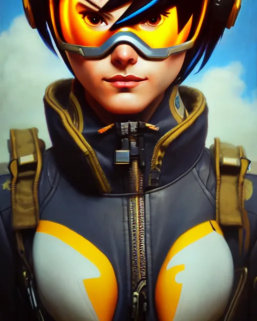 Image similar to tracer from overwatch, pilot jacket, character portrait, portrait, close up, highly detailed, intricate detail, amazing detail, sharp focus, vintage fantasy art, vintage sci - fi art, radiant light, caustics, by boris vallejo