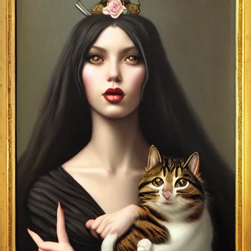 Image similar to a painting of a woman holding a cat, a photorealistic painting by tom bagshaw and ( ( ( mark ryden ) ) ), trending on deviantart, gothic art, ilya kuvshinov, goth, storybook illustration