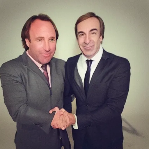 Prompt: “ very photorealistic photo of alex jones meeting saul goodman, award - winning details ”