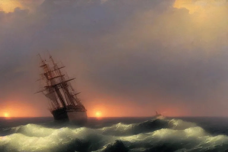 Prompt: Ghost ship in the stormy sea, sunset, by Aivazovsky, trending on artstation, bright sunny day, 8k, sharp high quality,