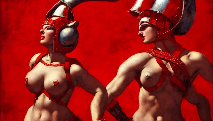 Image similar to only with red, an armored female gladiator in a crowded roman amphitheatre, crowd cheering, in the style of rolf armstrong and ambrosius benson and edward hopper and and rodcenko, intricate and epic composition, red by caravaggio, highly detailed, masterpiece, red light, artstation