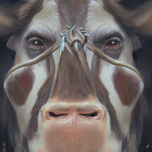 Image similar to cow as a realistic fantasy knight, closeup portrait art by donato giancola and greg rutkowski, realistic face, digital art, trending on artstation, symmetry!!