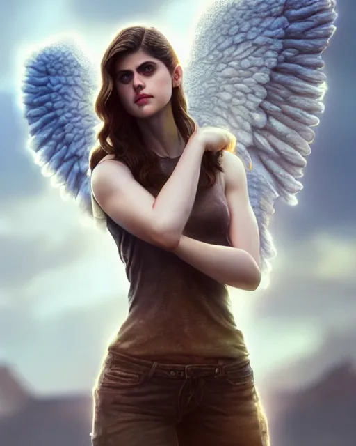 Image similar to Fullbody potrait of Alexandra Daddario as an angel, hyper realistic, prismatic highlights, atmosphere, gorgeous, depth of field, cinematic, macro, concept art, 50mm, artstation, wlop, elegant, epic, weta digital, focus, octane render, v-ray, 8k, kodak portra, art by Liberatore