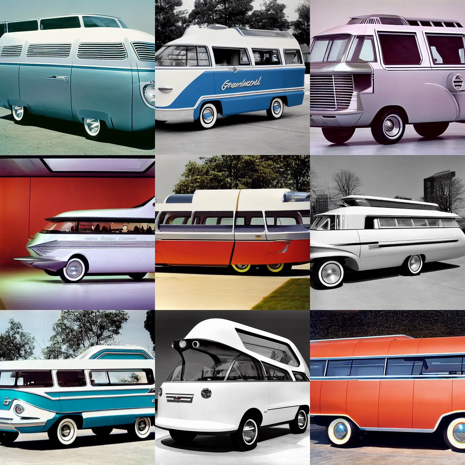 Prompt: retrofuturistic general motors van of the future inspired by spaceship design 1960s american world's fair, press photograph