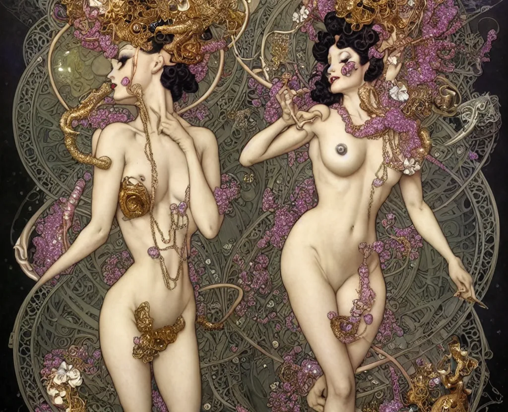 Image similar to beautiful burlesque dancer art nouveau fantasy character portrait, ultra realistic, intricate details, the fifth element artifacts, highly detailed by peter mohrbacher, hajime sorayama, wayne barlowe, boris vallejo, aaron horkey, gaston bussiere, craig mullins alphonse mucha, art nouveau curves swirls and spirals, doves flowers pearls beads crystals jewelry goldchains scattered