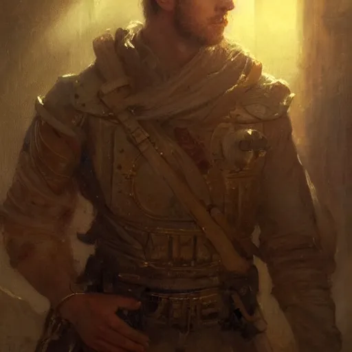 Prompt: handsome portrait of a young guy fitness posing, war hero, studying, radiant light, caustics, reflective water, by gaston bussiere, bayard wu, greg rutkowski, giger, maxim verehin