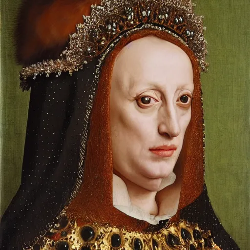 Prompt: portrait of lady gaga, oil painting by jan van eyck, northern renaissance art, oil on canvas, wet - on - wet technique, realistic, expressive emotions, intricate textures, illusionistic detail