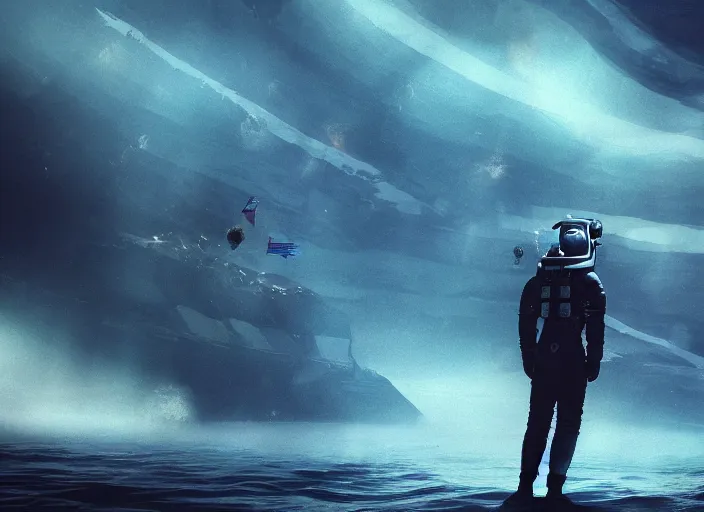 Image similar to astronaut holding a flag in an underwater desert. a submarine is visible in the distance. dark, concept art, cinematic, dramatic, atmospheric, 8 k, trending on artstation, blue, fish, low visibility, fog, ocean floor, christopher nolan, interstellar