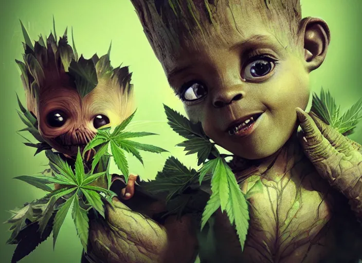 Image similar to duotone concept illustration 3 / 4 portrait of baby face consisting of marijuana, baby groot, cannabis!, cinematic volumentric lighting, jim cheung, david marquez, mike deodato jr, ilya kuvshinov, makoto shinka, behance hd by jesper ejsing, by rhads, hyper detailed, octane render, concept art, artstation