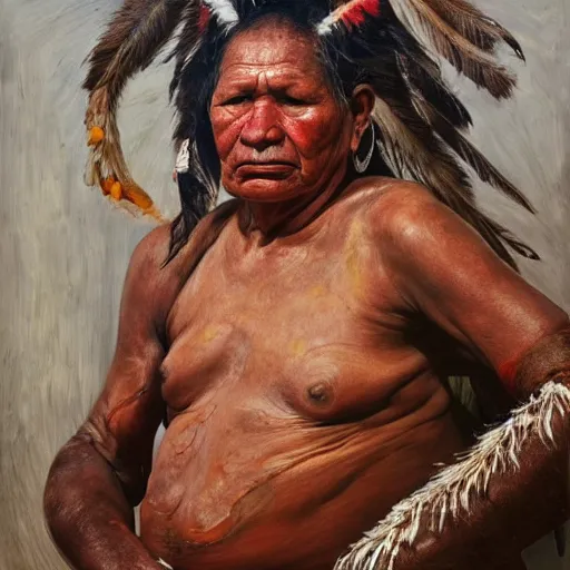 Image similar to high quality high detail painting by lucian freud and jenny saville, hd, full body of a indigenous tribe leader, photorealistic lighting