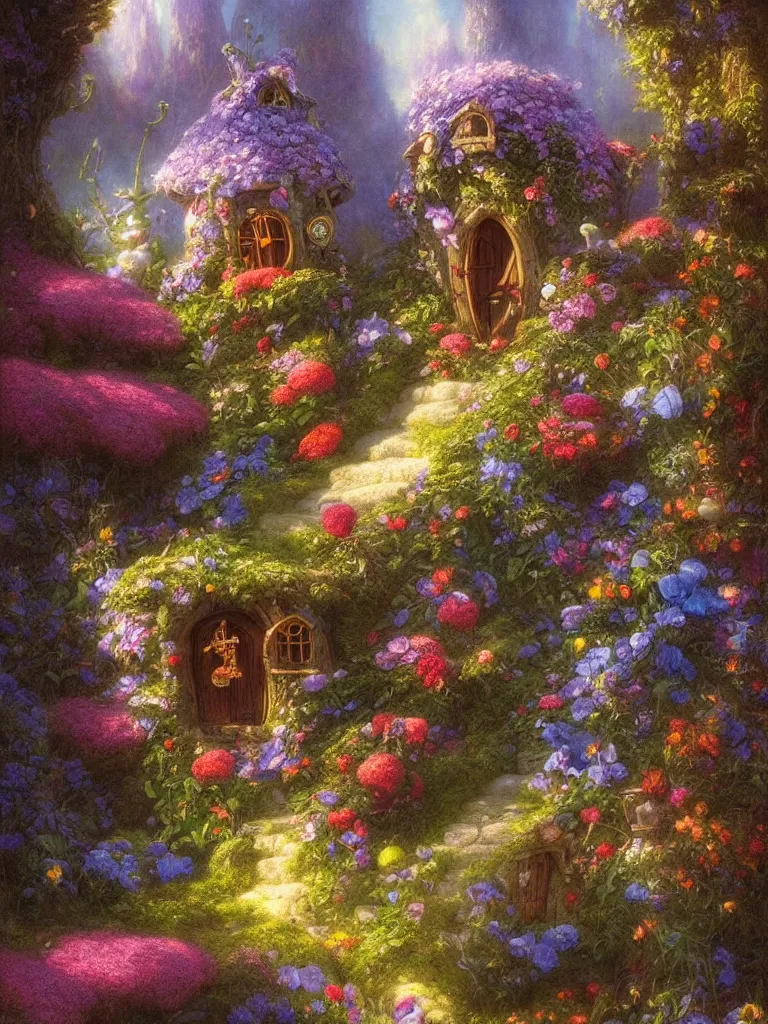 Prompt: a whimsical fairy house in a beautiful garden of flowers Justin Gerard, morning light, tarot card