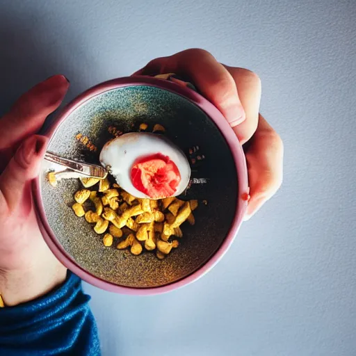 Prompt: a person eating a bowl of hardware for breakfast, 2 4 mm photo