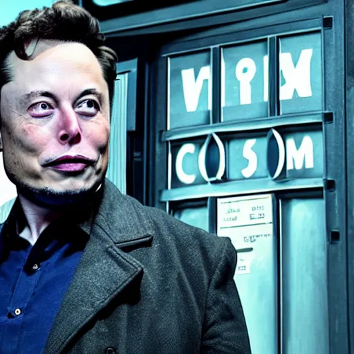 Image similar to elon musk as a rough dirty old man with a scruffy beard in a dark blue trenchcoat as the new doctor who, cinematic, volumetric lighting, f 8 aperture, cinematic eastman 5 3 8 4 film, photorealistic