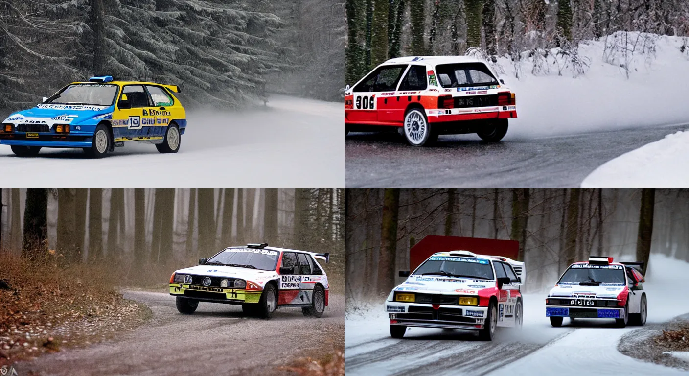 Prompt: a 1 9 9 2 lancia delta hf integrale evoluzione, racing through a rally stage in a snowy forest